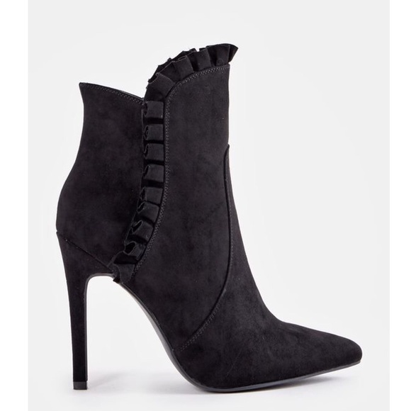 Black Faux Suede Victorian Heeled Bootie - Picture 3 of 11